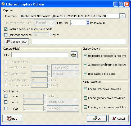 Este procedimento abre a caixa de diálogo com as opções de captura (Capture Options).