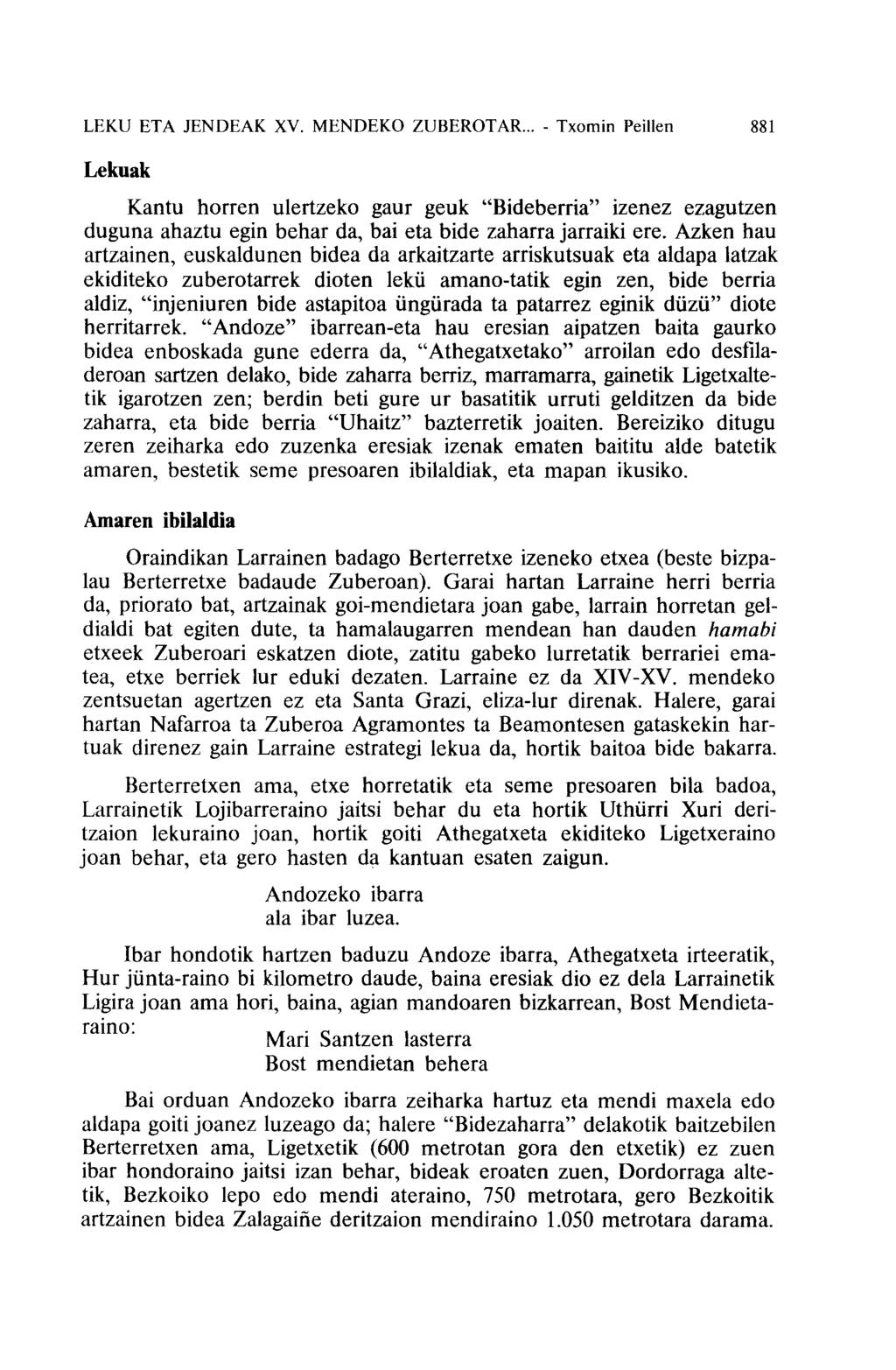 LEKU ETA JENDEAK XV. MENDEKO ZUBEROTAR... - Txomin Peillen 881 Lekuak Kantu horren ulertzeko gaur geuk "Bideberria" izenez ezagutzen duguna ahaztu egin behar da, bai eta bide zaharra jarraiki ere.