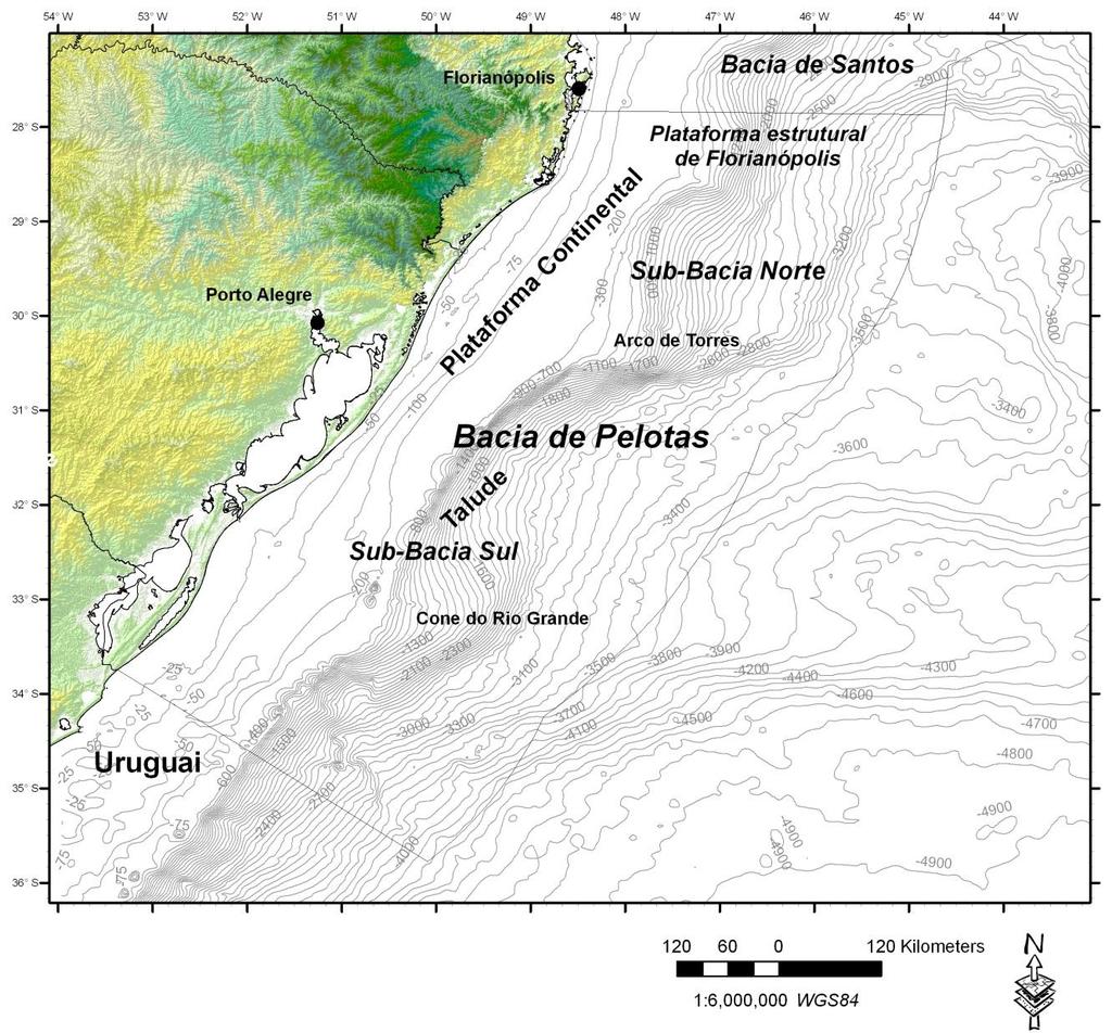 3.4. Bacia de Pelotas A bacia de Pelotas situa-se entre as latitudes 28ºS a 34ºS (figura 15), cobrindo uma área de 210.000 km 2 até a cota batimétrica de 2.000 m (Abreu, 1998).