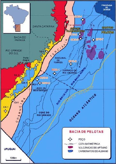 Sondagens da Petrobrás sobre o Alto de Florianópolis evidenciam parte de seu componente vulcânico, sob forma de construções dômicas (Asmus e Guazelli, 1981; Dias et al.