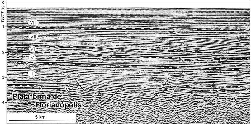 Figura 29 - Linha sísmica perpendicular a costa, mostrando a calha de ruptura albo-aptiana e unidades sismo-estratigráficas da Plataforma de Florianópolis (levemente modificado de Gonçalves et al.