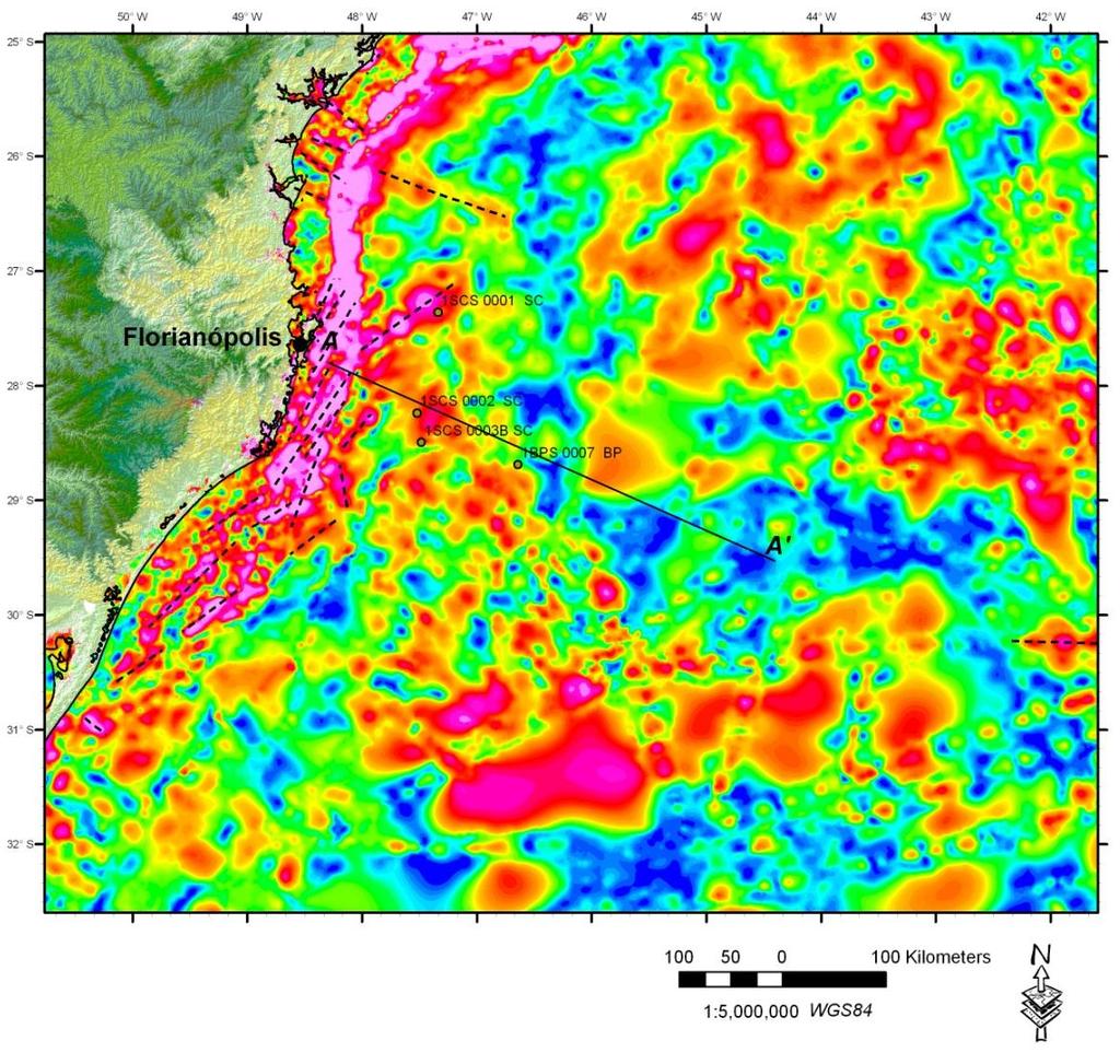 nt A A Figura 36 Mapa de sinal analítico de campo magnético total com os poços da região da plataforma de Florianópolis.