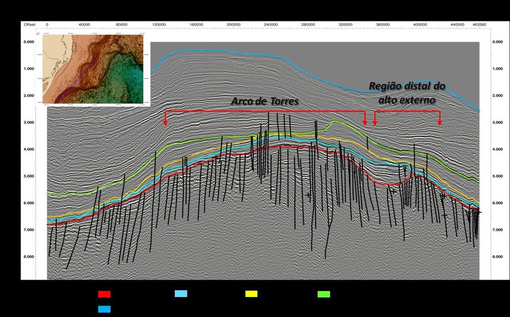 Figura 50 - Perfil sísmico strike SW-NE da linha 0228-0322, cruzando o que seria o Alto de Torres e a parte mais E do Alto de Florianópolis.