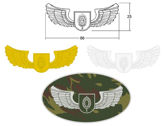 Os distintivos da Aviação do Exército, usados nos uniformes, são os seguintes I - do Curso de Piloto da Aviação do Exército: a) o distintivo pode ser metálico ou plastificado; Fig 188 b) o distintivo