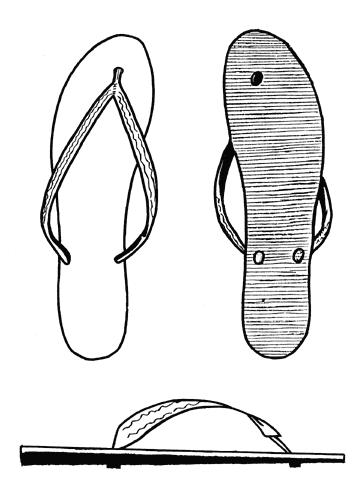 CXIX - sandália de borracha preta: Fig 112 - Sandália de borracha preta a) tem solado e tira de borracha na cor preta e palmilha na cor branca; b) a tira de borracha, em forma de forquilha, com três