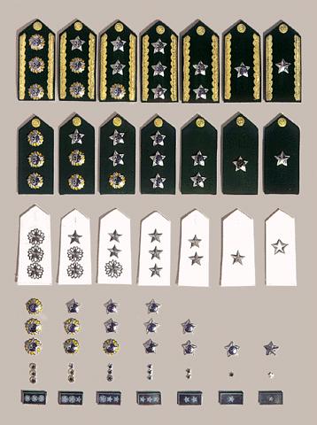 b) General-de-Exército: quatro estrelas acantonadas (retângulo); c) General-de-Divisão: três estrelas em roquete (triângulo); d) General-de-Brigada: duas estrelas em faixa; II - podem ser bordadas,