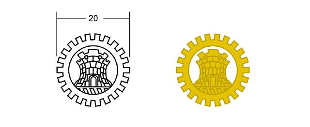 VI - de Comunicações: um círculo vazado irradiando quatro setas para os pontos cardeais; Fig 123-5 VII - de Material Bélico: dois canhões coloniais cruzados; Fig 124-1 VIII - de Engenheiro