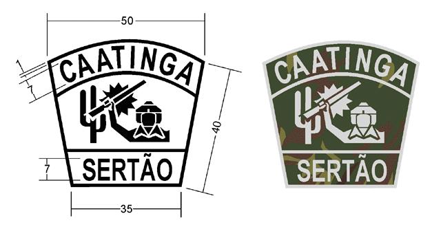 tecido de padronagem camuflada, contendo no centro as figuras de um mandacaru (planta nativa da região) e um soldado da caatinga empunhando, com a mão direita, um fuzil, e, acima e abaixo das