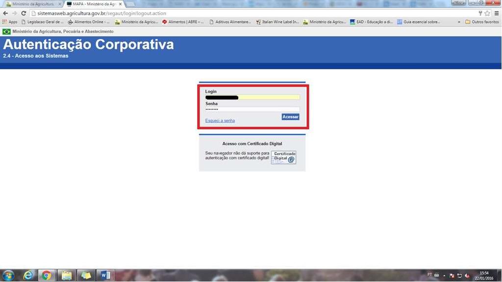 5. Na nova página que abre, inserir login e senha recebidos por e-mail e clicar em ACESSAR (caso não tenha recebido na caixa