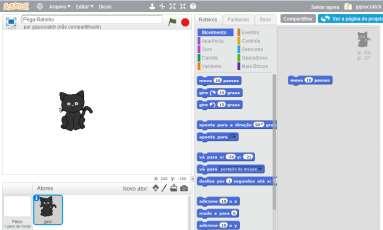 6. Fazer o gato andar Volte a aba ROTEIROS. Para frente com a tecla seta ->: Testar: clique na bandeira verde e aperta a tecla da seta ->.