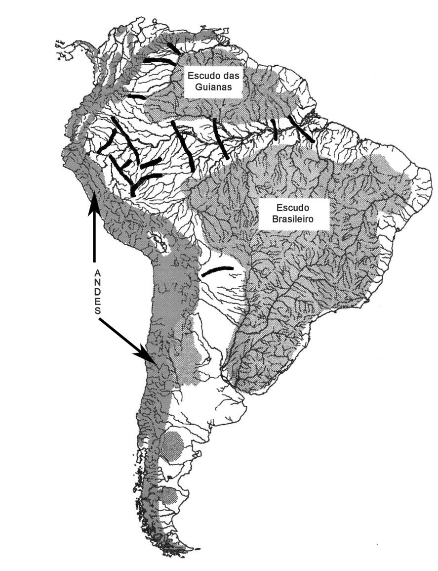 Figura 1: Características topográficas e geológicas da América do Sul: rede hidrográfica, escudos cristalinos (Escudo
