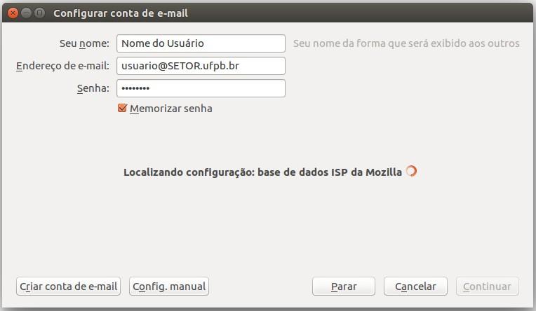 Ao clicar em Continuar, o usuário será redirecionado para uma janela que indica uma tentativa do Thunderbird de conectar-se ao servidor de e-mail. Clique no botão Config.