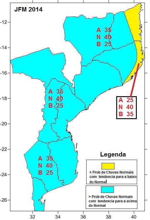 3.3 Antevisão Para Moçambique Para o período Outubro-Novembro-Dezembro (OND) de 2013 há maior probabilidade de ocorrência de chuvas normais com tendência para abaixo do normal para as províncias de