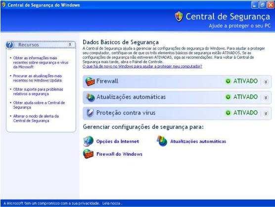 Atenção: O Windows XP não têm proteção contra vírus, é