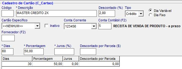 Informe a quantidade de dias e a porcentagem para a segunda parcela do cartão.