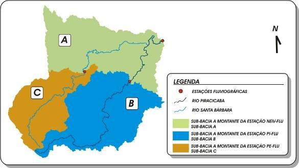 Figura 14 Bacia do rio Piracicaba a montante da estação NEIV-FLU discretizada, juntamente com a convenção adotada para a identificação de cada sub-bacia. 3.