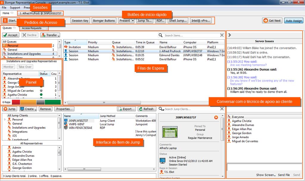 Interface de utilizador da consola de apoio técnico Sessões - Permite fazer a gestão de várias sessões remotas ao mesmo tempo.
