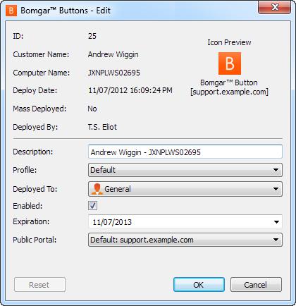 As estatísticas de utilização do Bomgar Button incluem: Campos estáticos: o o o o o o o o o o ID Nome do Cliente Nome do Computador Data de Implementação Implementado em Massa (Sim/Não) Implementado