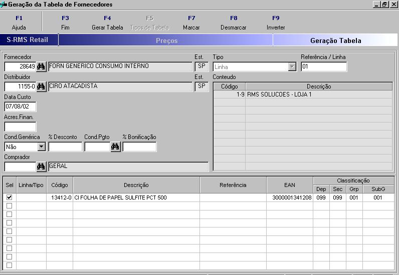 Digite a tabela por fornecedor alternativo, cada fornecedor deve entregar sua tabela e a