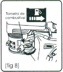 5.4 - Para desligar o Motor IMPORTANTE: Se o motor ficar fora de operação por mais de 5 (cinco) dias, proceda da seguinte maneira: 1 - Desacelere. 2 - Feche a torneira de combustível. (fig.8).