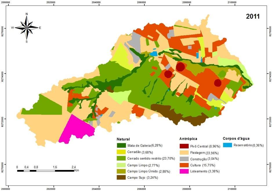 24 corpos hídricos. As Construções e os Loteamentos totalizam 6,42% de área, que se encontram na Chapada e na Rampa de Colúvio.