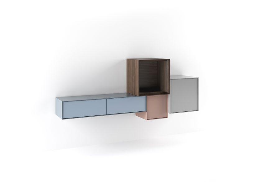 GTC03 205 x 85 x 35 cm 970 p TRENDY Wall Compositon Suspended console with 2 drawers. A big square module with open niche and other with door open, and a small square module with open door.