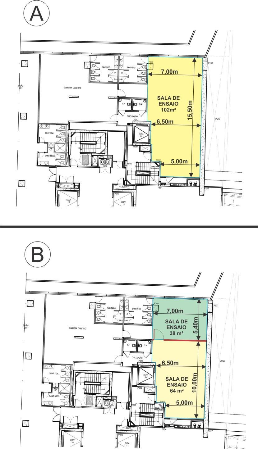 5.8. CAMARIM COLETIVO FEMININO E/OU SALA DE ENSAIO: Localizado no 2º pavimento da área de apoio, com uma área de 74,00 m².