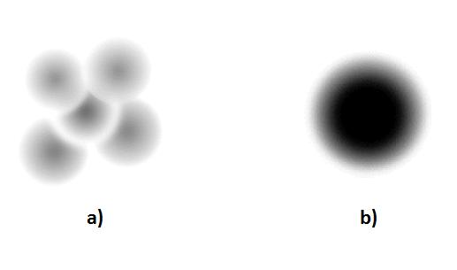 Figure 3: a) Atomos ultrafrios, b) Atomos em estados de Condensado de Bose Einstein.