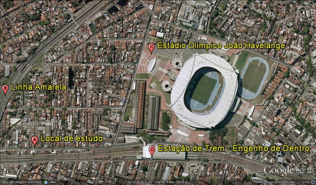 Os demais pontos de interesse são: Linha Amarela (Ponto B), Estádio Olímpico João Havelange (Ponto C) e Estação de Trem Engenho de