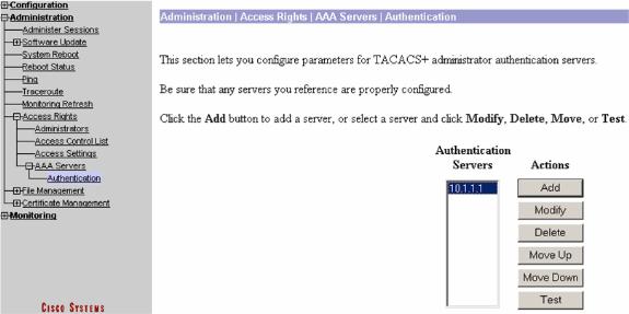 A fim testar a autenticação:para server TACACS+Escolha o Administração > Direitos de Acesso > Servidores AAA > Autenticação.Selecione seu server, e clique então o teste.