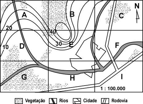 19) (ENEM-2000) Um determinado município, representado na planta abaixo, dividido em regiões de A a I, com altitudes de terrenos indicadas por curvas de nível, precisa decidir pela localização das