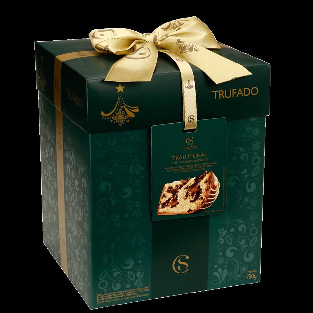 Panettone Trufado Gotas 750g Com gotas de chocolate, recheado com a deliciosa trufa Cacau Show e coberto com chocolate ao