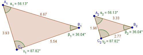 Observe o triângulo seguir, com seus ângulos e ldos com medids proximds: Note que os ângulos homólogos têm mesm medid: α 1 = α 2 = 56,13 β 1 = β 2 = 36,04 γ 1 = γ 2 = 87,82 menos de proximção, rzão