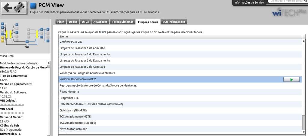 3. Selecionar o menu Funções Gerais. 4. Selecionar Verificar hodômetro no PCM. Em seguida, siguir as instruções da tela da ferramenta de diagnóstico.