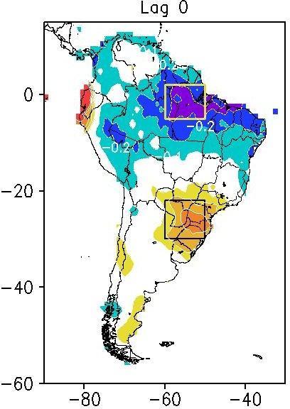 CORRELAÇÃO LINEAR ENTRE A TSM DA REGIÃO DE NIÑO 1+2 E A PRECIPITAÇÃO NA AMÉRICA DO SUL l Os valores de TSM das regiões de Niño foram correlacionados com os valores da precipitação na América