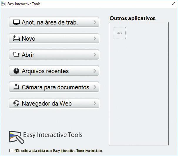 Uso do Easy Interactive Tools Inicialização do Easy Interactive Tools Para iniciar o Easy Interactive Tools no seu computador, siga um destes passos: Windows: Clique duas vezes no ícone do Easy