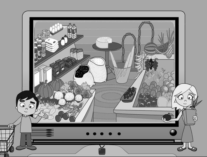 Olhe a ilustração por alguns instantes, depois tampe a imagem e responda às perguntas: Tem ovos para vender no supermercado?