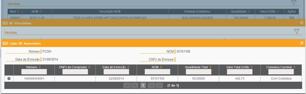 Para verificar os REs vinculados automaticamente e as NF anteriormente vinculadas que servem de comprovação para a concessão do AC, basta clicar no símbolo dentro da coluna de Ações.