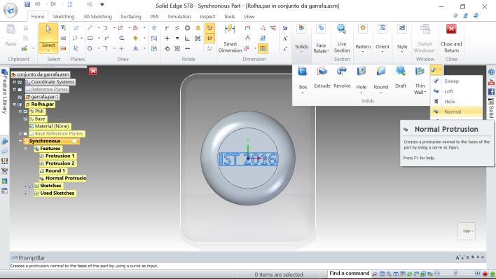 Fazer o Round (fillet), R=10mm. Inscrever o texto IST 2016 no topo da rolha.