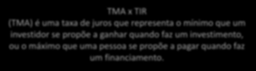 Taxa Interna de Retorno (TIR) TMA x TIR (TMA) é uma taxa de juros que representa o mínimo que um investidor se propõe a ganhar quando faz um investimento,