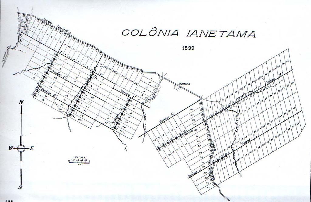 104 Figura 2. Colônia Ianetama, 1899 Fonte: Penteado (1967, p. 152) Observa-se que os lotes estavam distribuídos em dois blocos ordenados simetricamente, divididos pelo Igarapé Itauari.