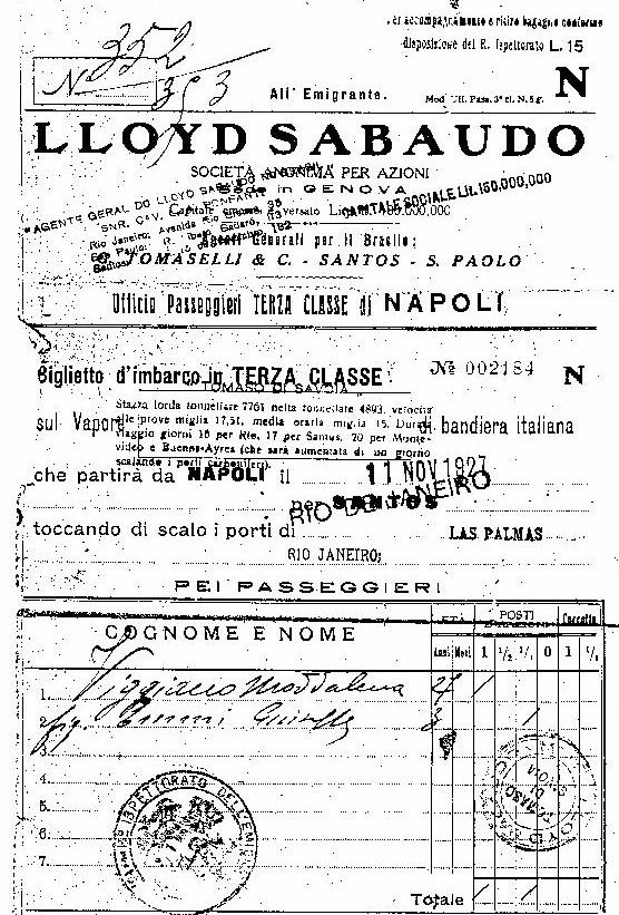 Foto 7: Bilhete de passagem dos imigrantes Maddalena Vigiano e Giuseppe Emmi