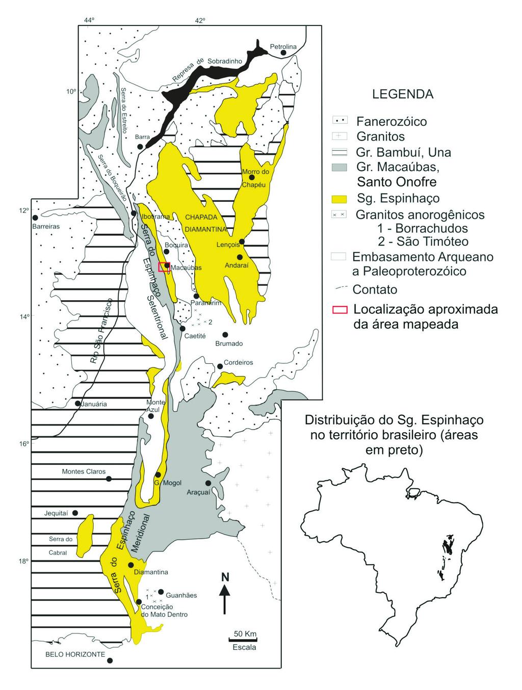 12 Figura 1 Distribuição do Supergrupo Espinhaço no Brasil oriental, com indicação da localização aproximada da área de estudo. Modificado de Schobbenhaus (1993) e Uhlein & Chaves (2001). Espinhaço. A espessura inferida para todo o pacote pode atingir cerca de 10.