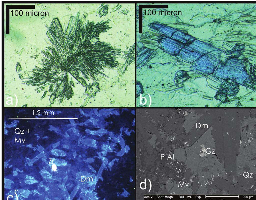 16 Fig. 5 Imagens de dumortierita-quartzitos em (a e b) microscopia ótica, (c) catodoluminescência e (d) microscopia eletrônica de varredura.