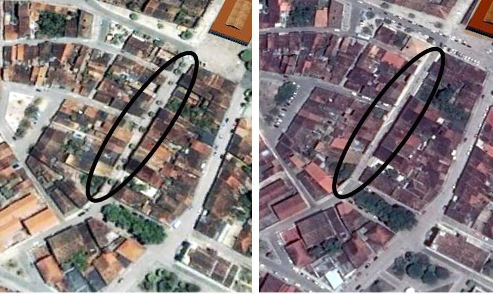 Fig. 05 Alterações do ambiente da rua Dr. Getulio Vargas. À direita, rua com arborização em 2005; e à esquerda, rua sem nenhuma arborização em 2016.