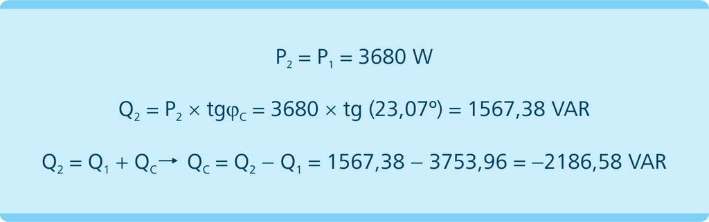 A inserção do capacitor interfere apenas na potência reativa da instalação. Assim a nova potência reativa Q 2 será a anterior, Q 1, somada a Q C (potência reativa do capacitor) e P 2 = P 1.