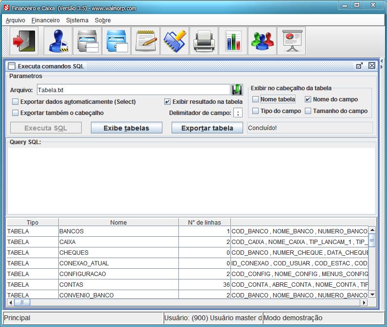 5.2 Executa comandos SQL Nesta janela, logado como administrador, o usuário pode executar tarefas importantes, como: Configuração do sistema; Executar consultas diretas a tabela de dados; Exportar