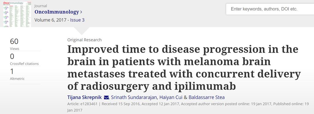 Melanoma N= 25 pacientes Radiocirurgia combinado a Ipilimumabe Média de 2 radiocirurgias e 4 ipilimumabe Sobrevida global 35,8 meses Sobrevida em 1 ano