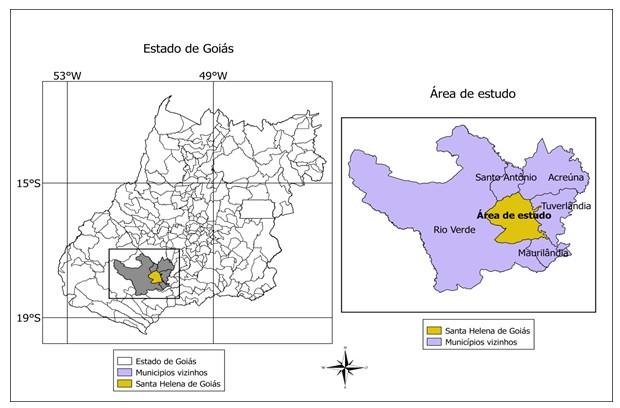 Material e Métodos A área de estudo, compreende o município de Santa Helena de Goiás, GO, que é um município brasileiro do estado de Goiás. Possui uma área territorial de 1.