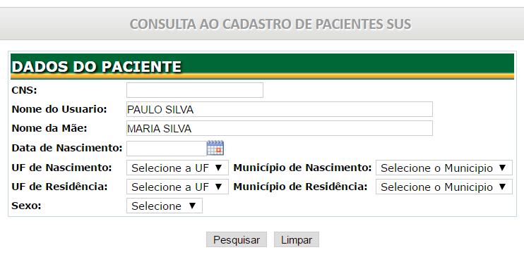 A tela para pesquisa do usuário SUS será exibida, para realizar a busca basta digitar o número do cartão do SUS (CNS) ou os dados pessoais